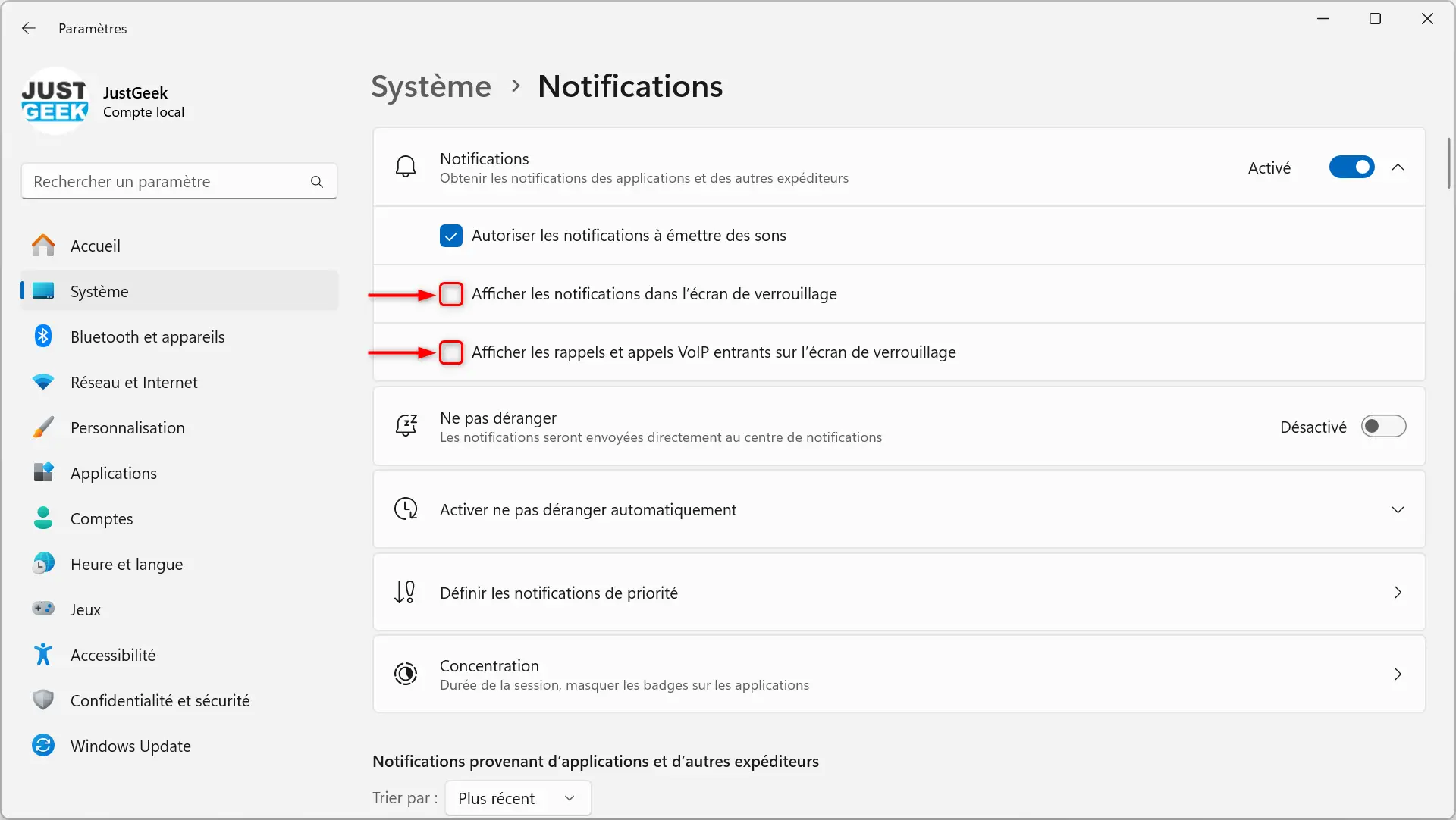 desactiver notifications ecran de verrouillage windows