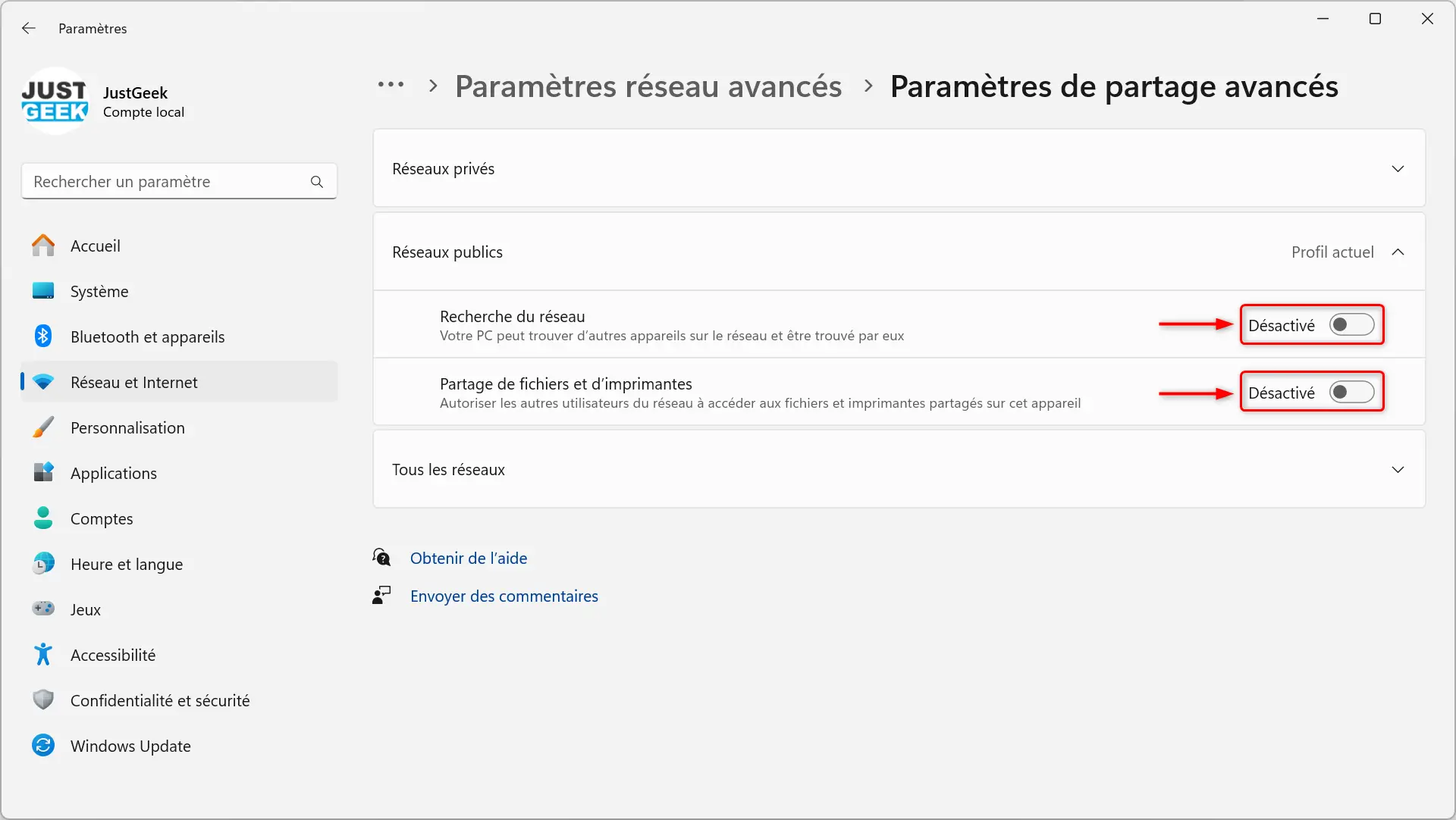 desactiver recherche du reseau reseaux publics parametres windows