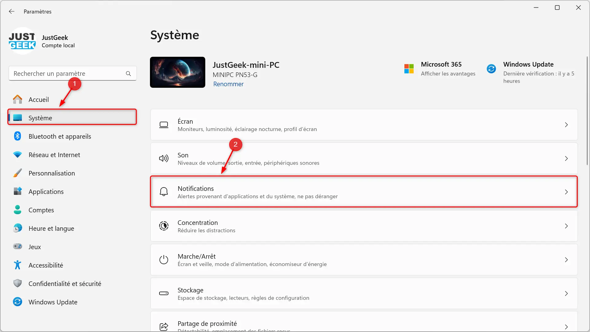 parametres systeme notifications windows