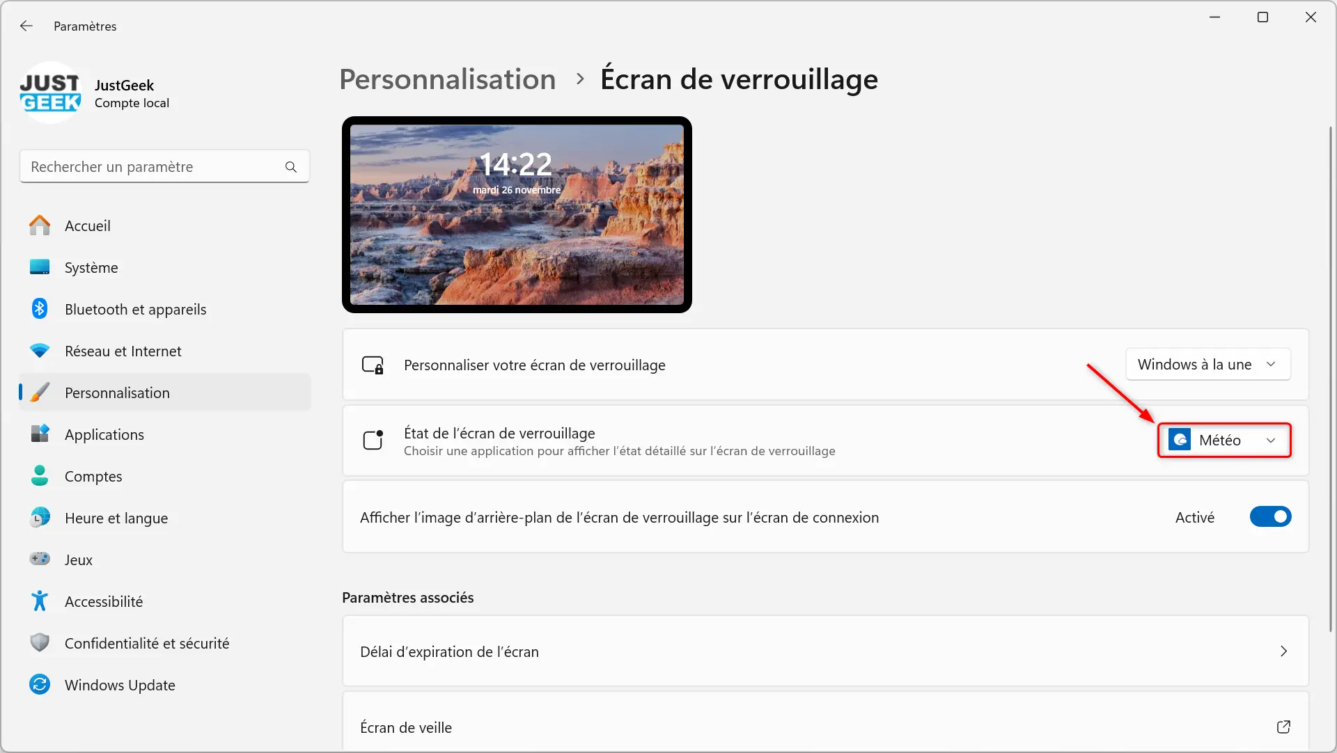 personnaliser etat ecran de verrouillage windows