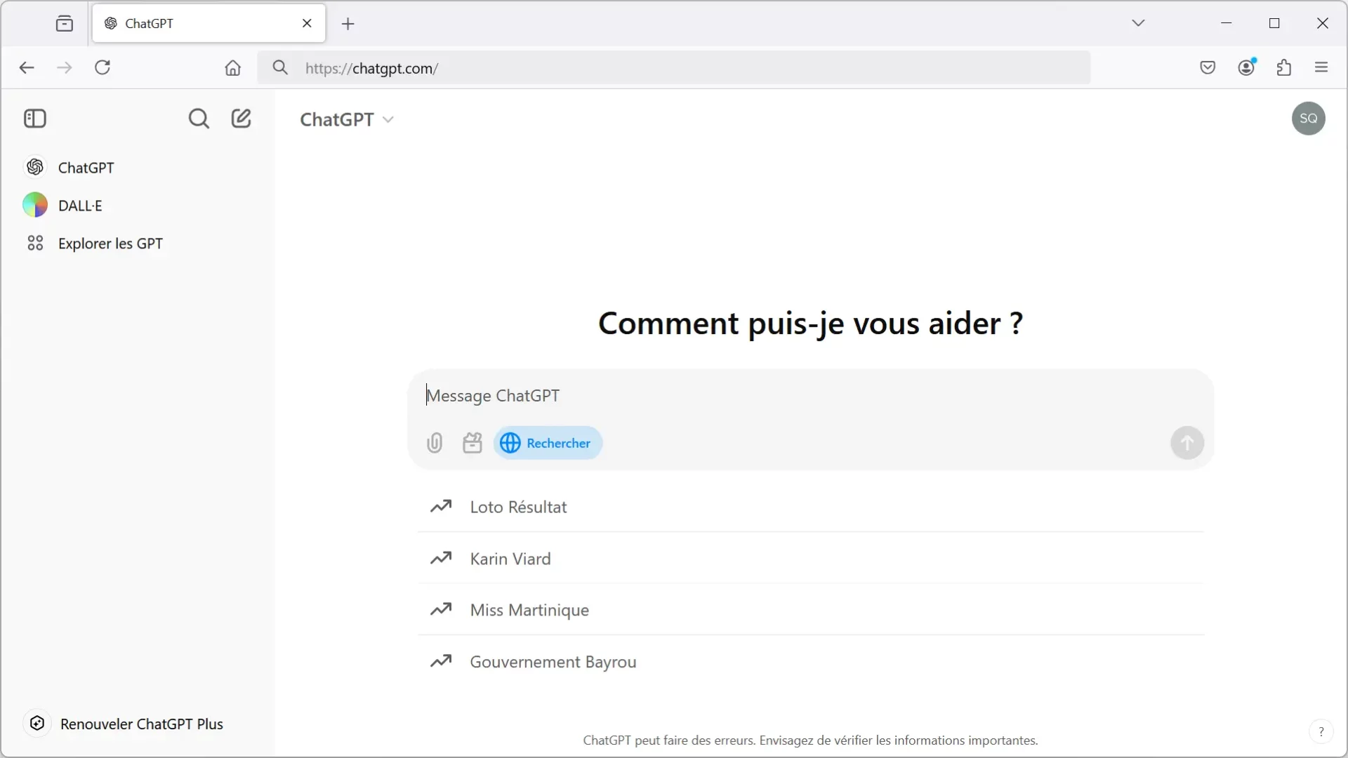 Capture d'écran de l'interface de ChatGPT Search