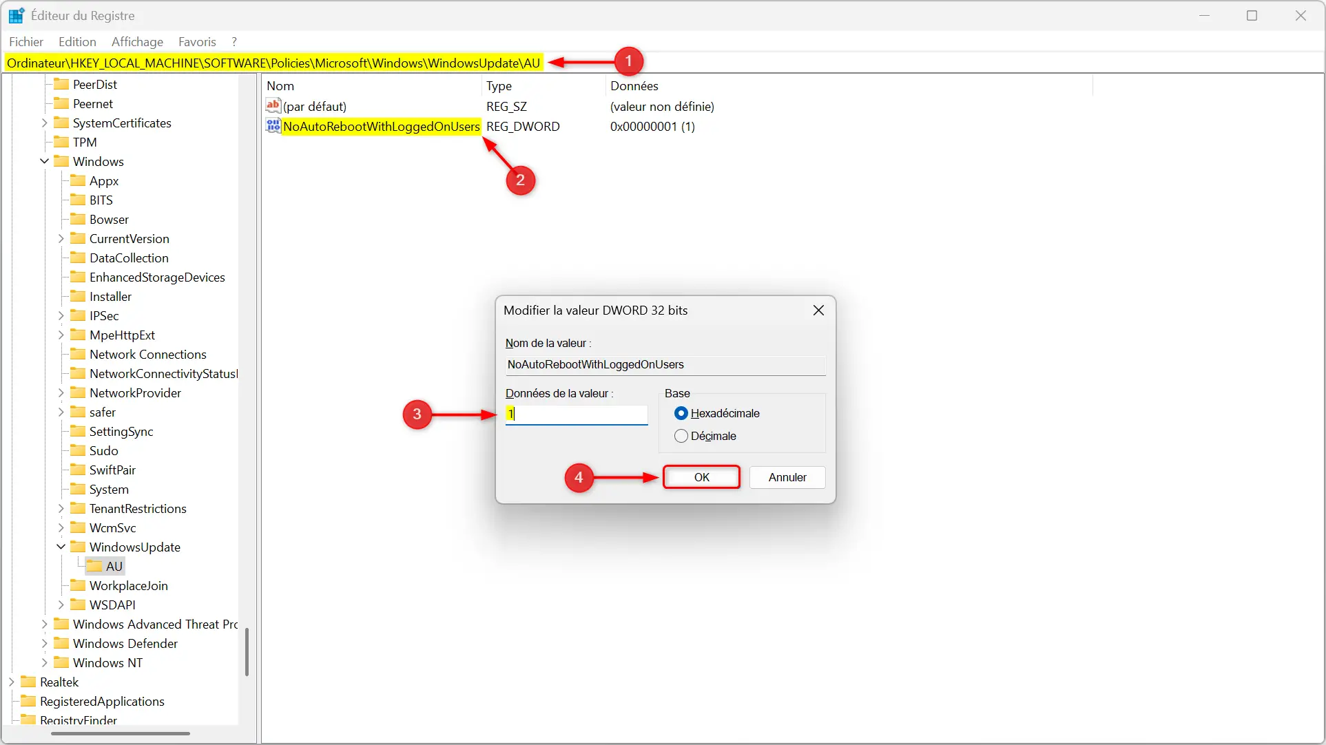 Modification de la valeur DWORD à 1 dans le registre pour empêcher le redémarrage automatique
