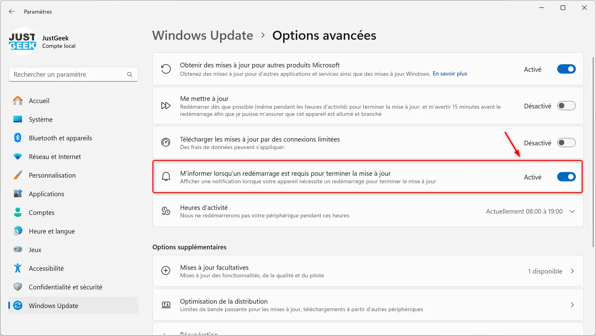 Capture d'écran montrant l'activation des notifications de redémarrage de Windows Update