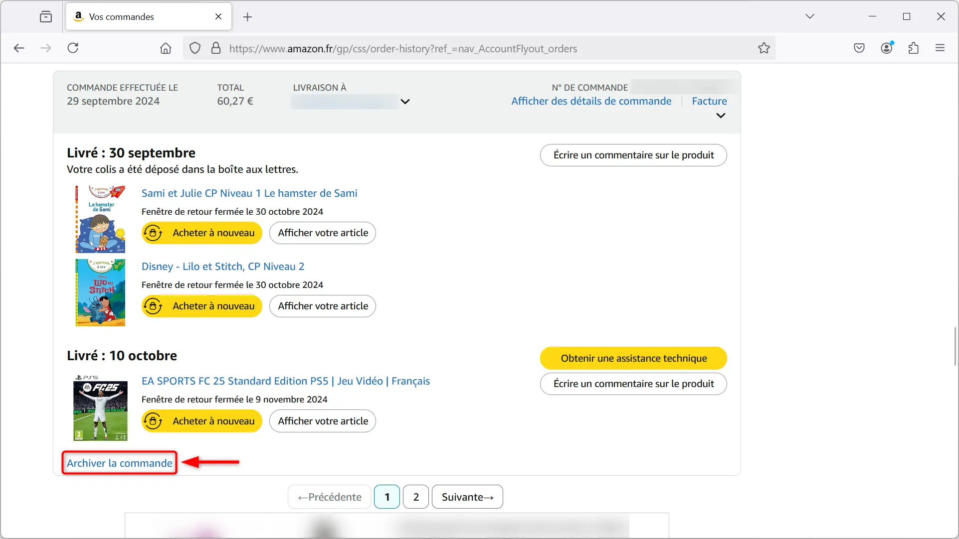 Archiver une commande Amazon