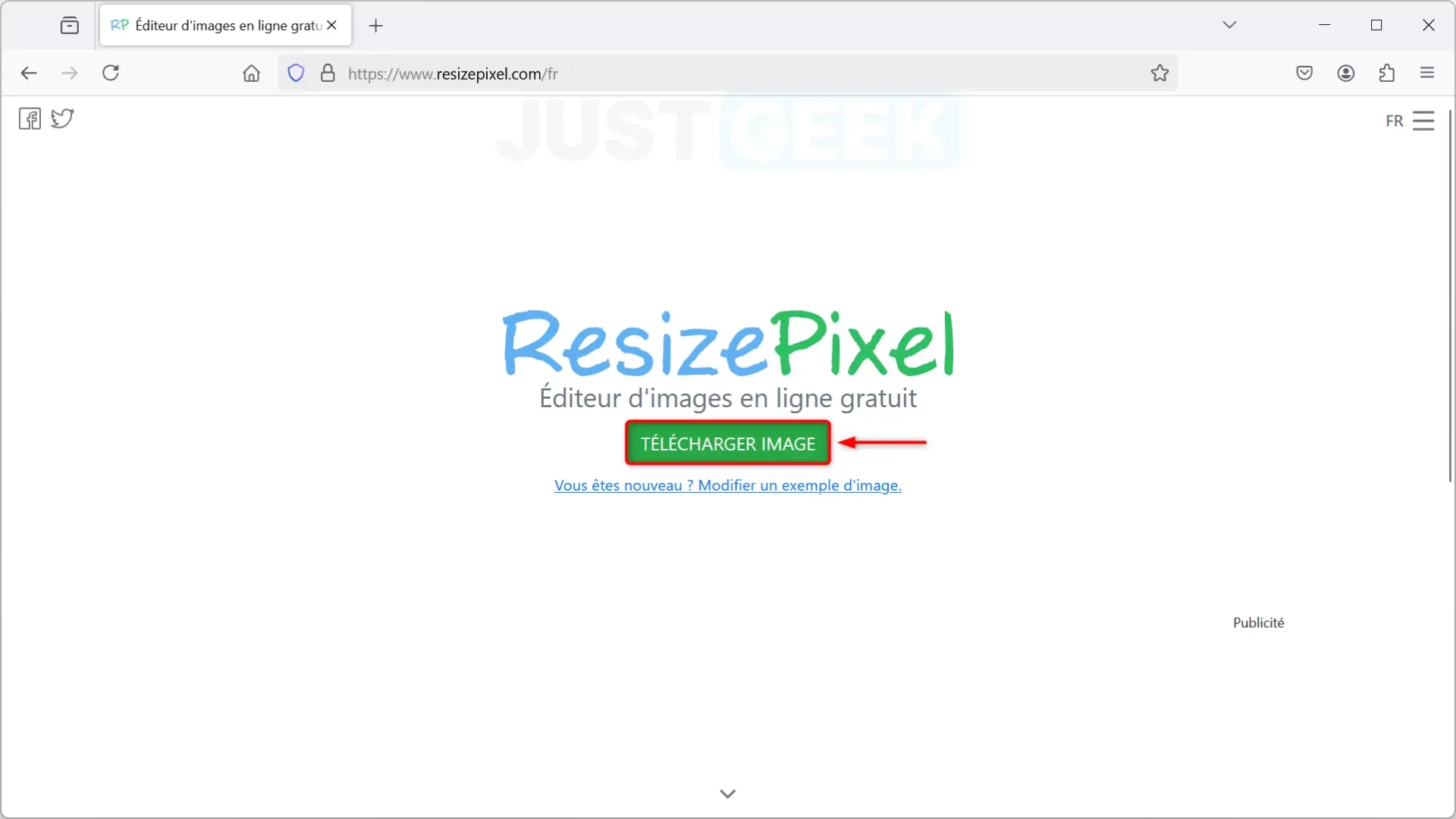 Interface de ResizePixel avec l’option de chargement d’une image.