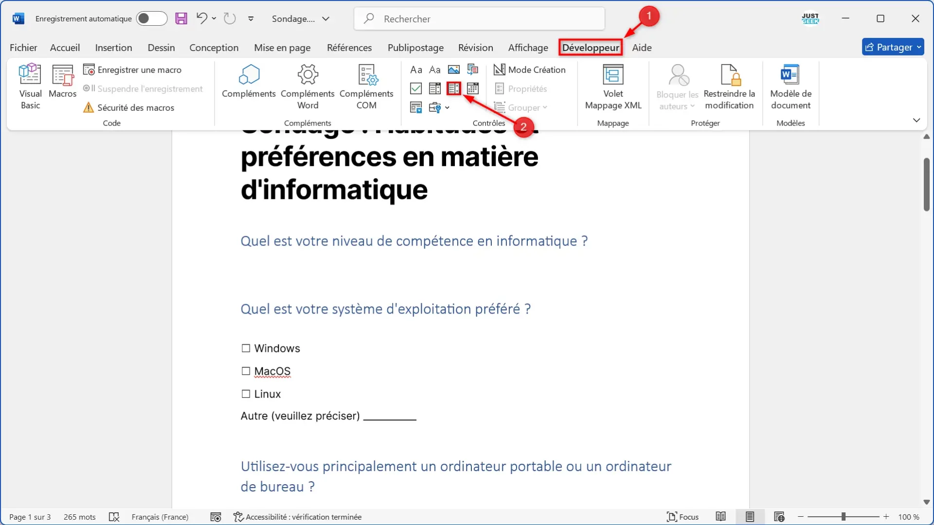 Bouton pour insérer une liste déroulante dans Word