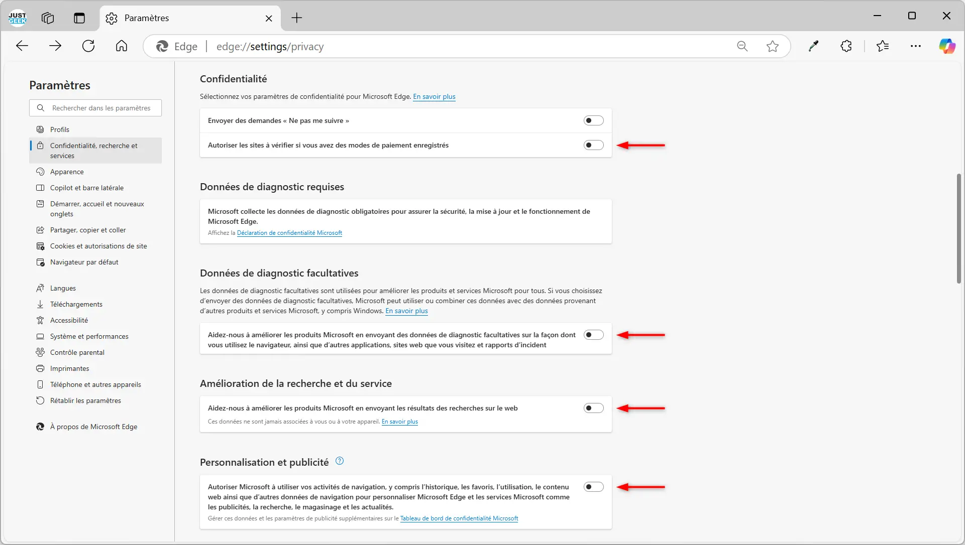 Désactiver les paramètres de confidentialité dans Microsoft Edge