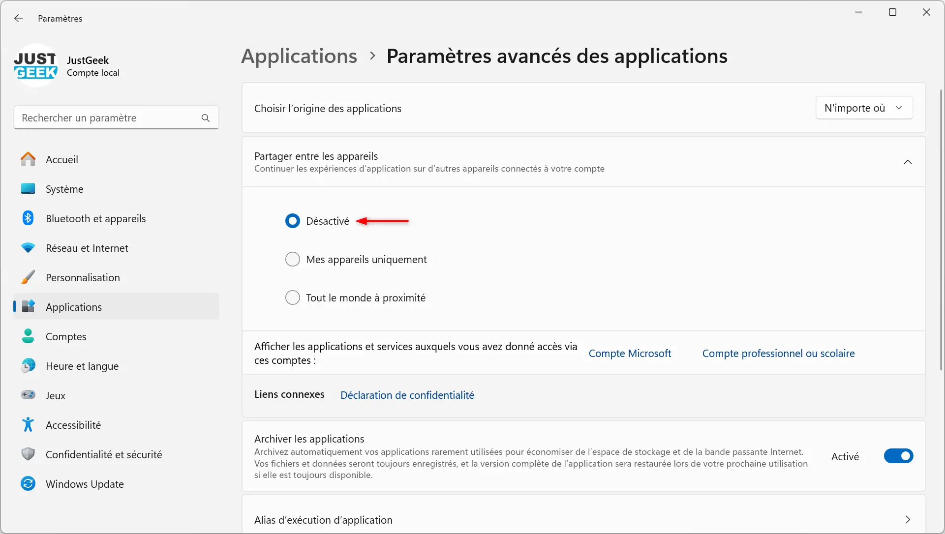 Désactiver le partage d'activités entre appareils sur Windows