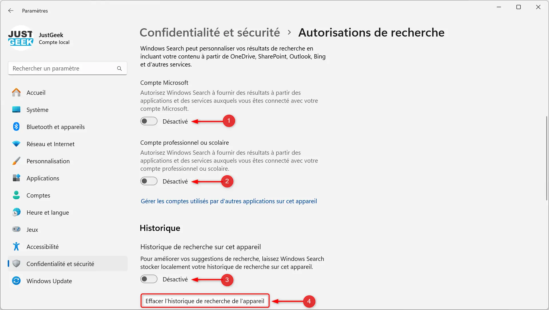 Désactiver la recherche cloud et l'historique des recherches sur Windows