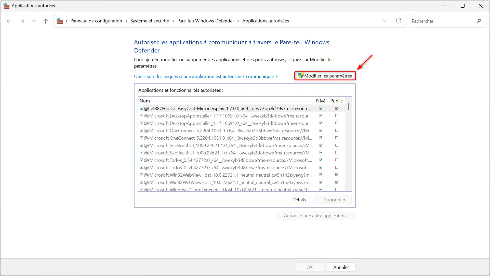 modifier parametres autoriser application pare feu windows defender