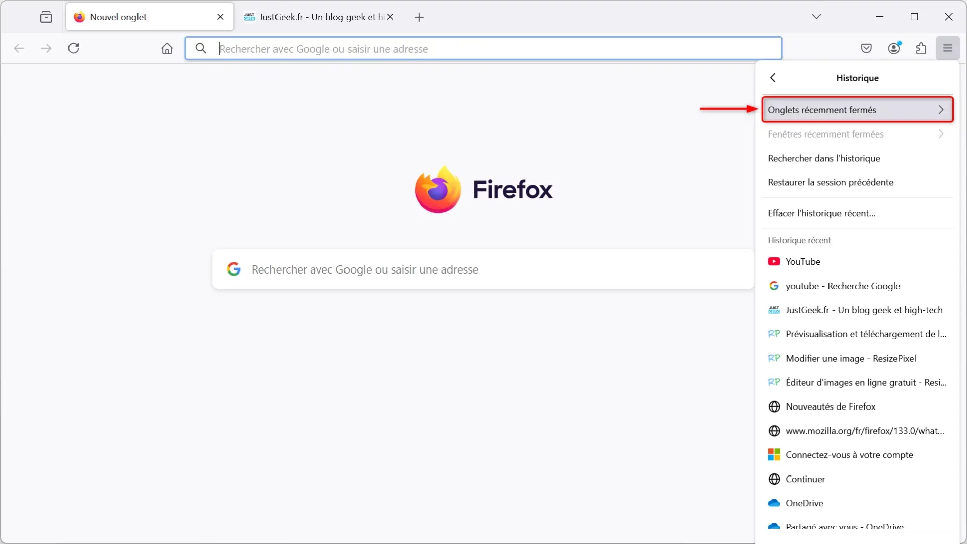 Onglets récemment fermés dans Firefox