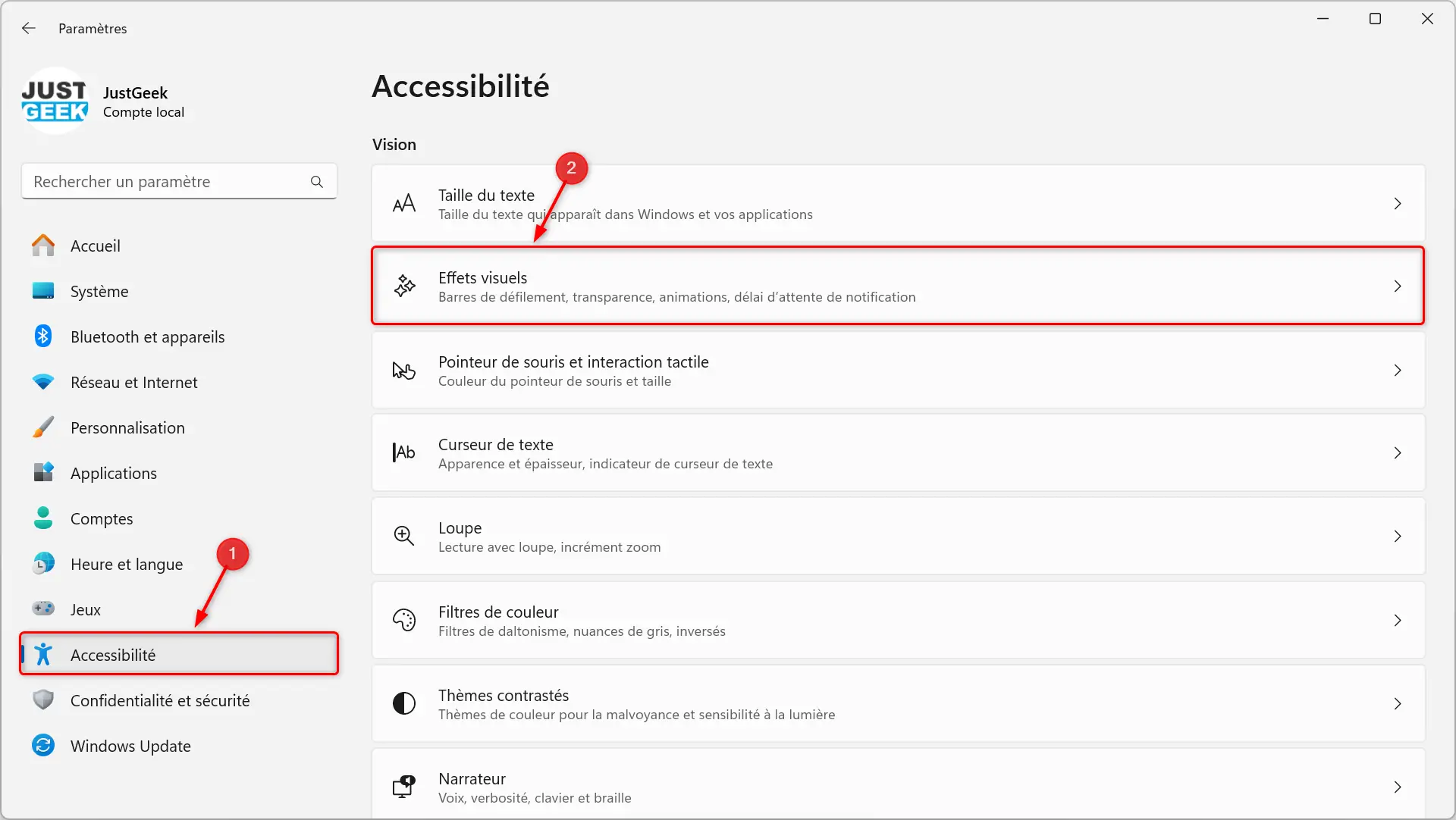 Paramètres d'effets visuels sur Windows 11