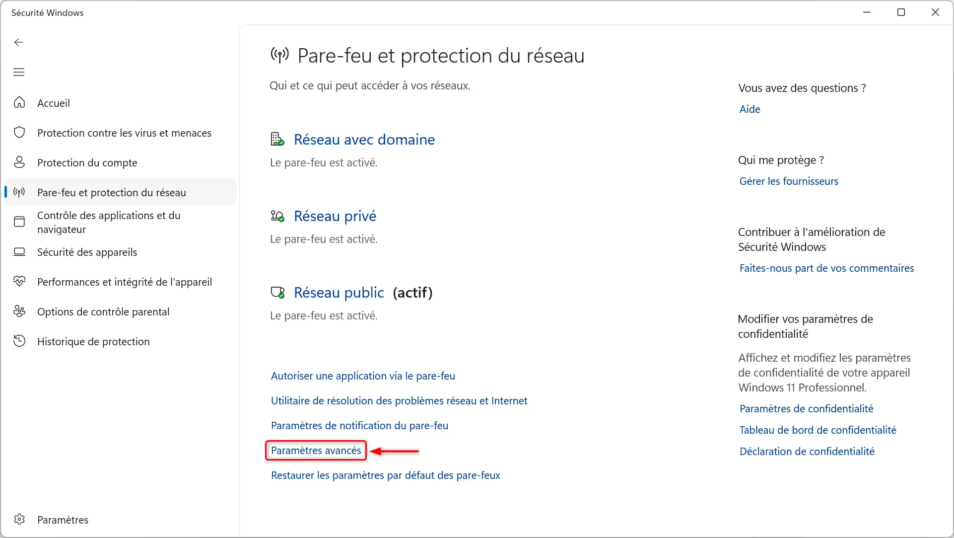 parametres avances pare feu securite windows