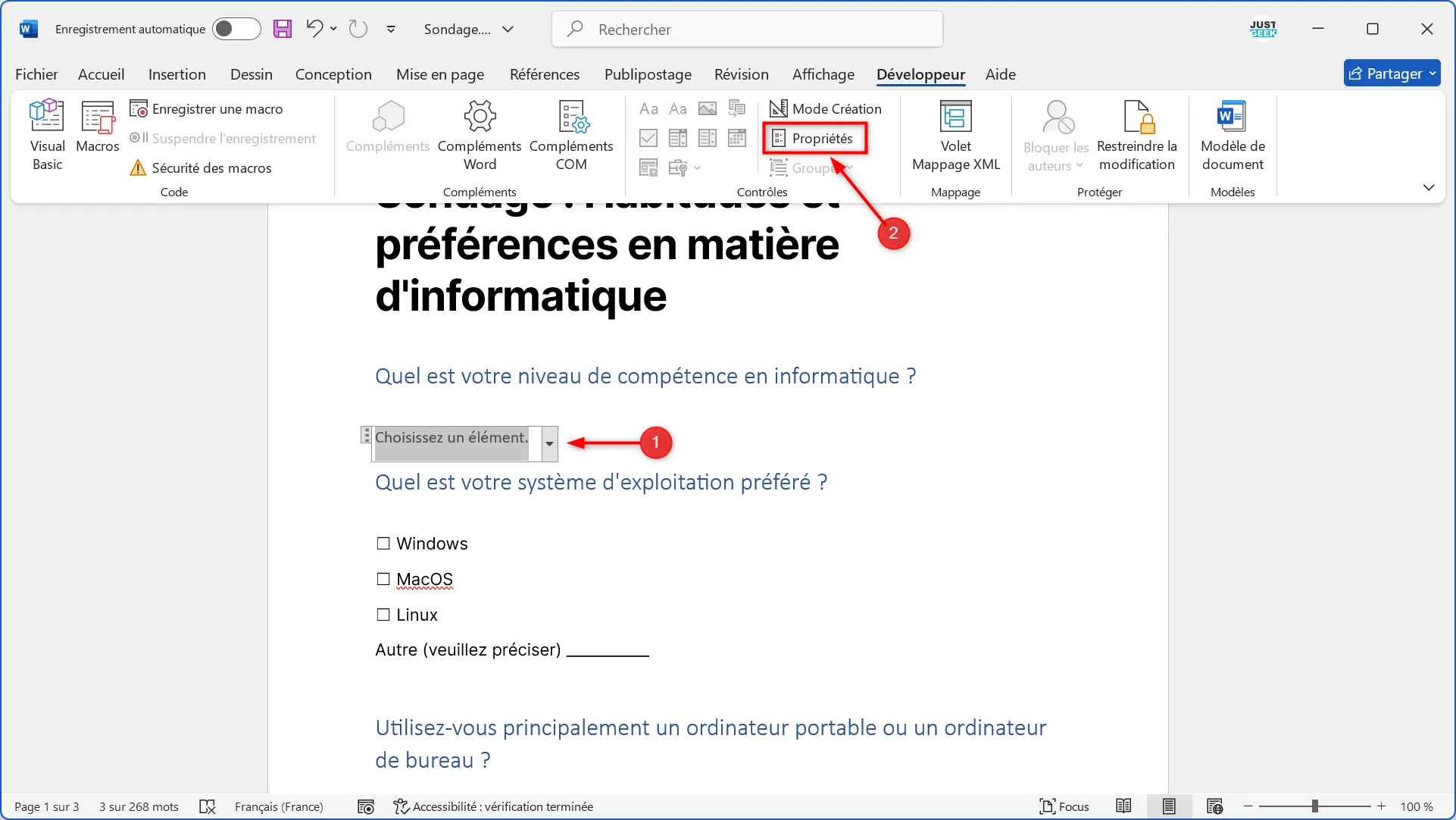 Propriétés de la liste déroulante dans Word