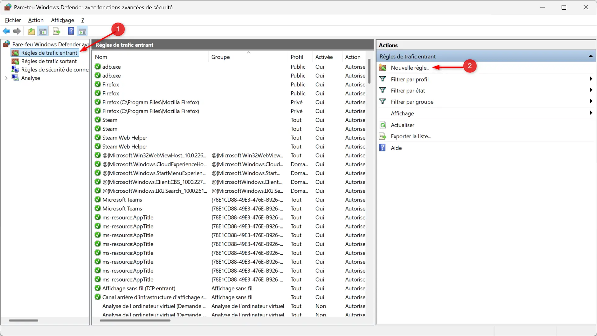 regles de trafic entrant nouvelle regle pare feu windows defender