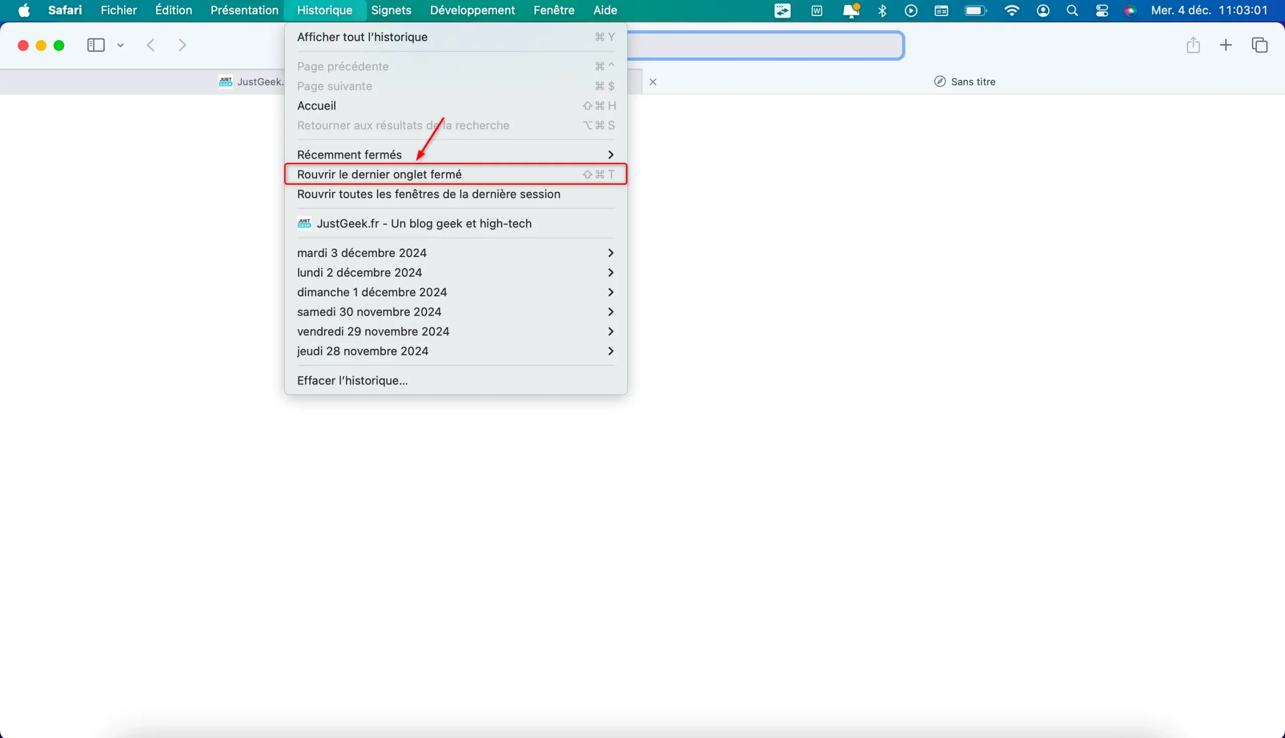 Rouvrir le dernier onglet fermé dans Safari