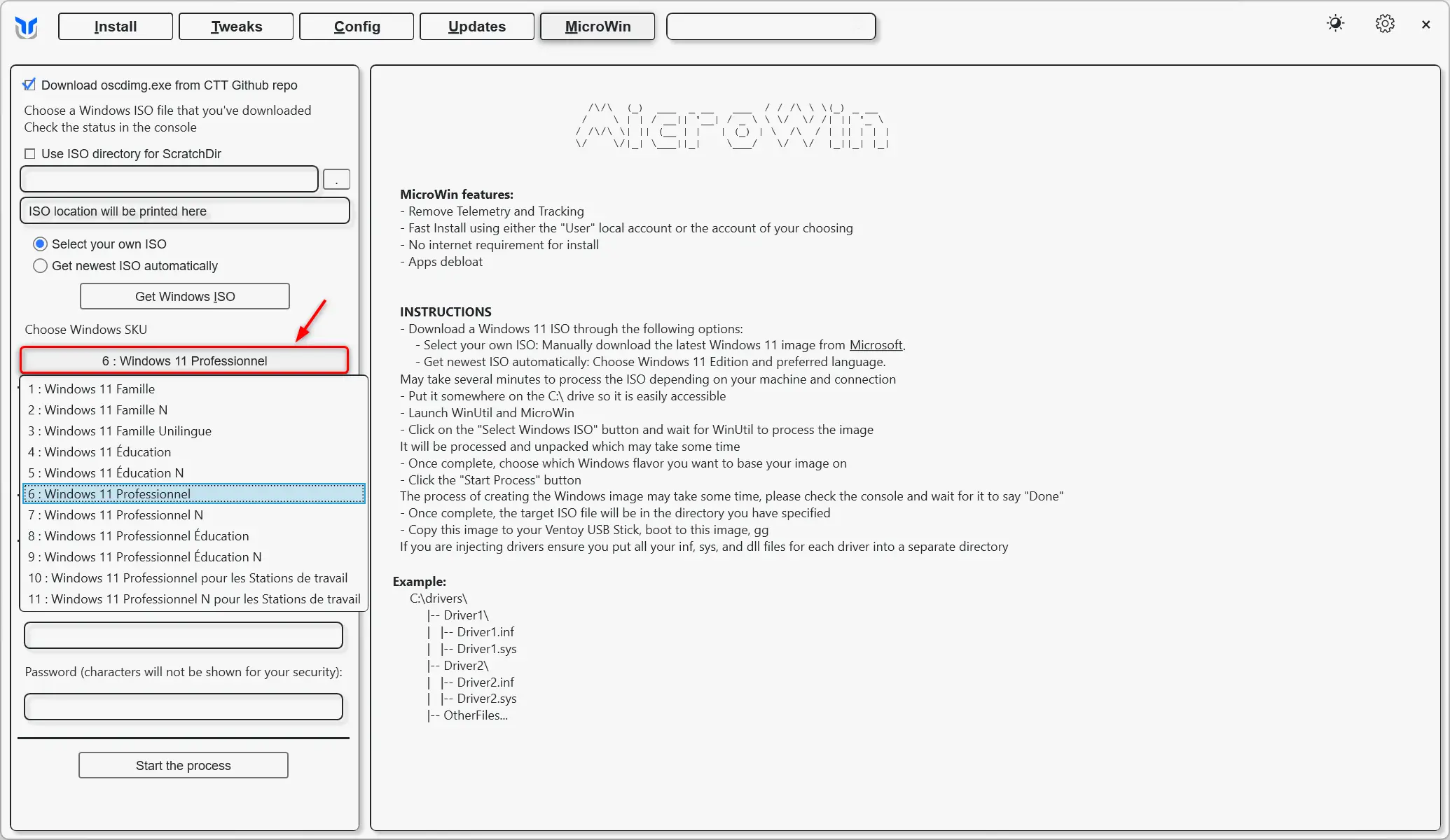 Sélection de l'édition de Windows 11 (Famille, Pro, etc.) dans MicroWin