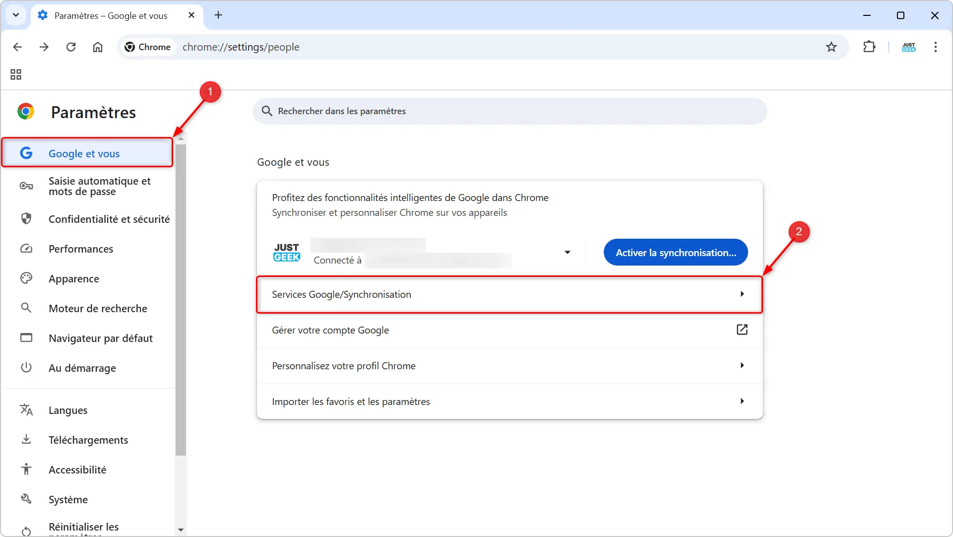 Paramètres Services Google/Synchronisation de Chrome