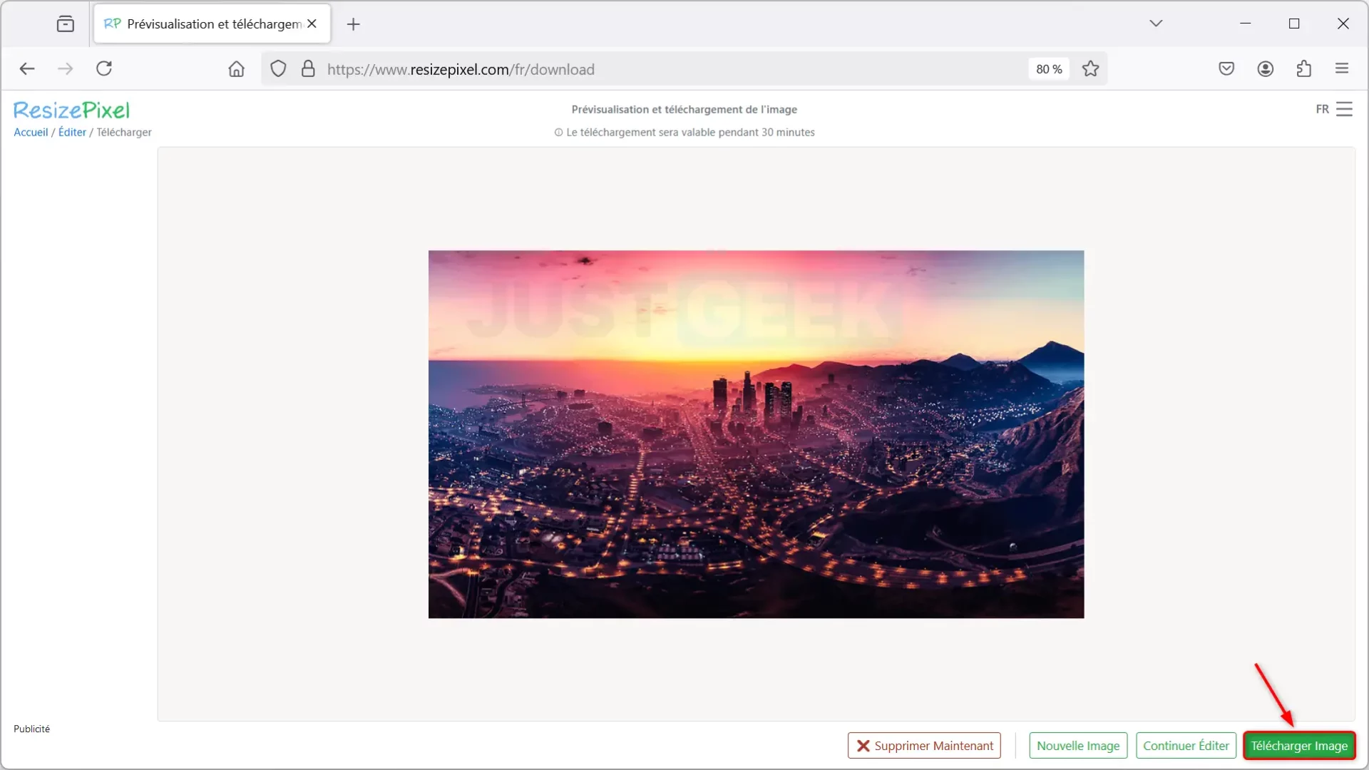 Bouton Télécharger l’image sur ResizePixel après redimensionnement.