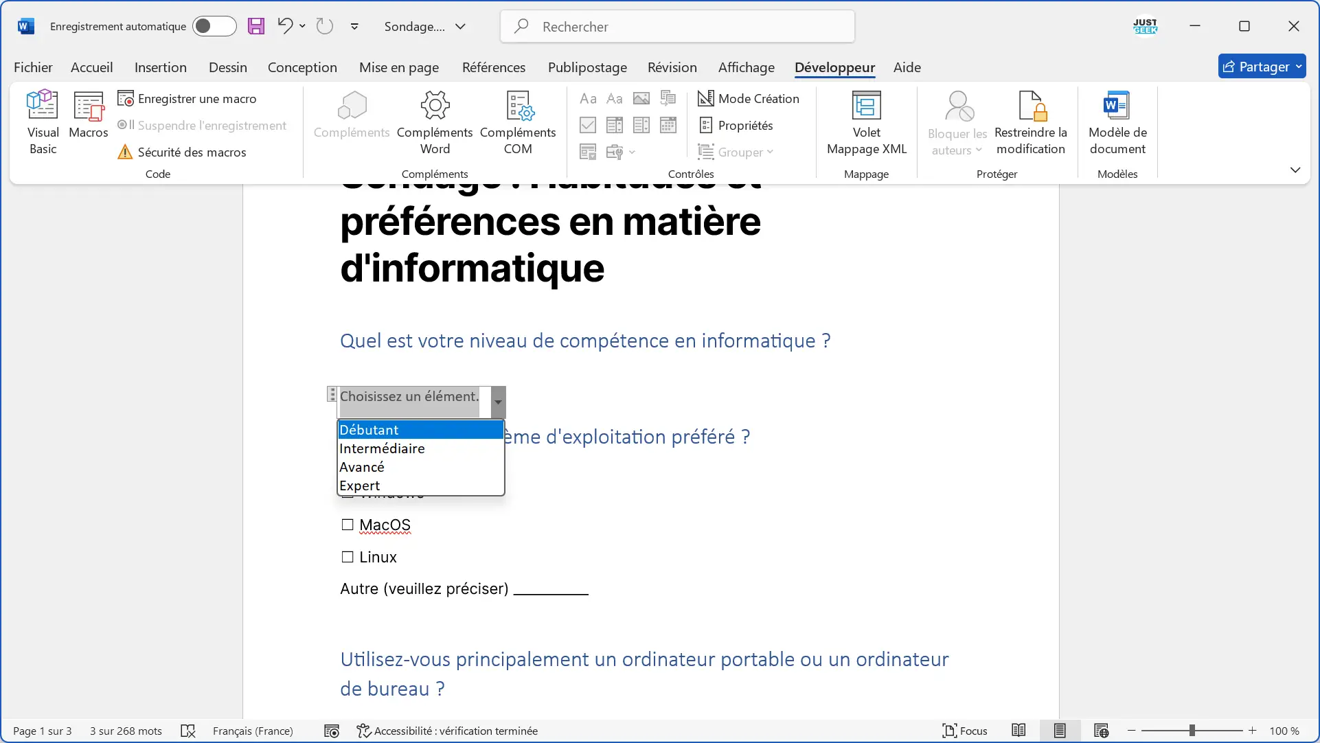 Vérifier que la liste déroulante est fonctionnelle dans Word