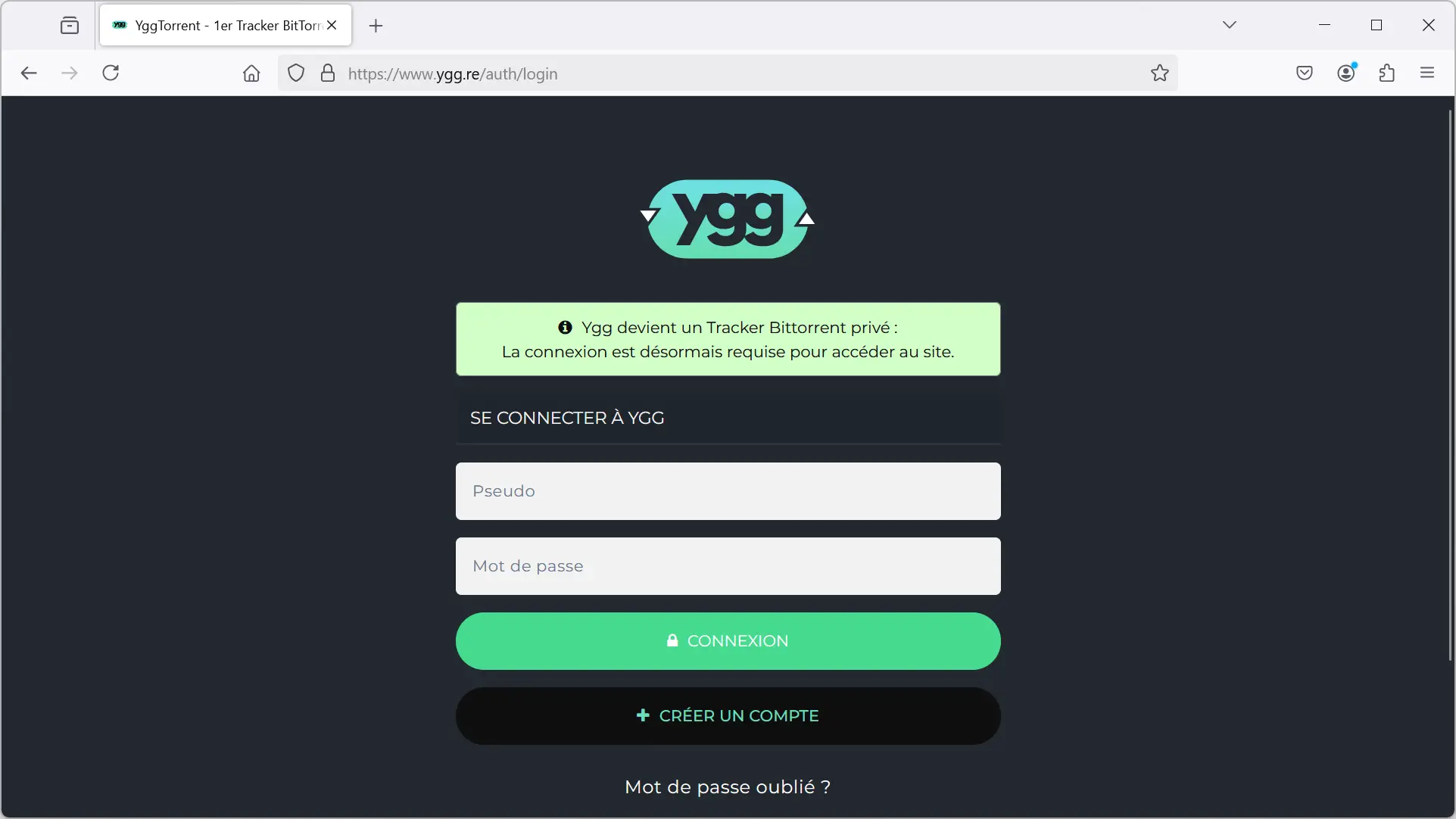 Page d'inscription du site Ygg