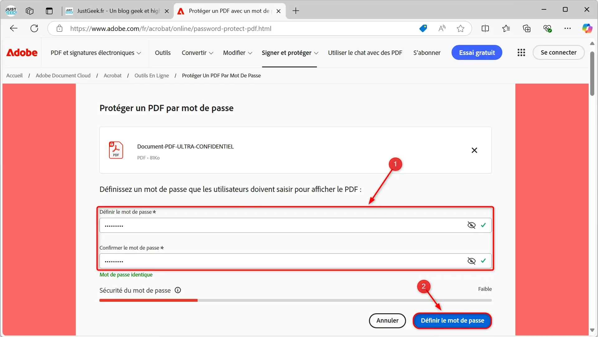 Saisie d'un mot de passe pour protéger un fichier PDF sur Adobe Acrobat Online.