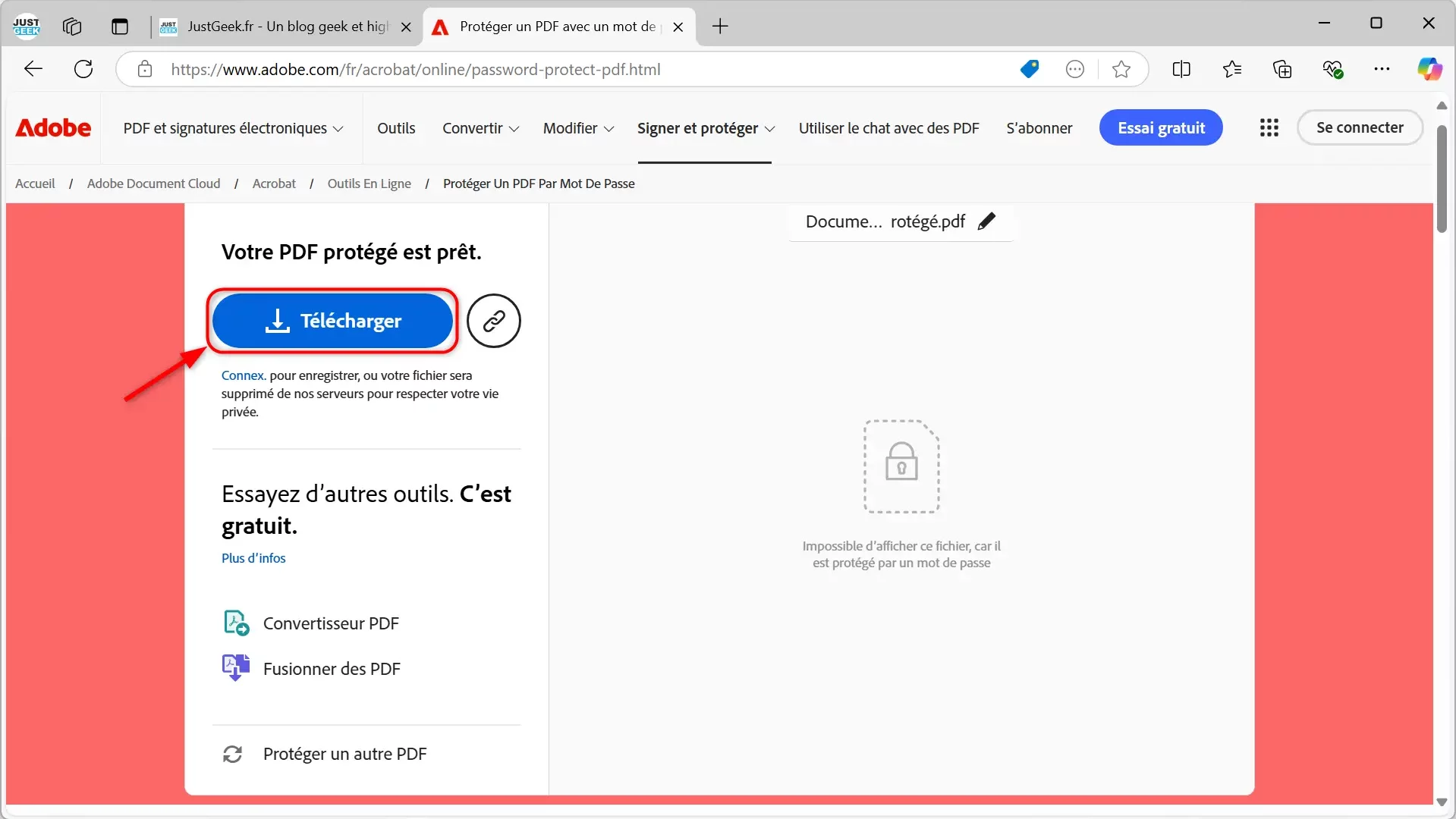 Téléchargement du fichier PDF protégé depuis Adobe Acrobat Online.