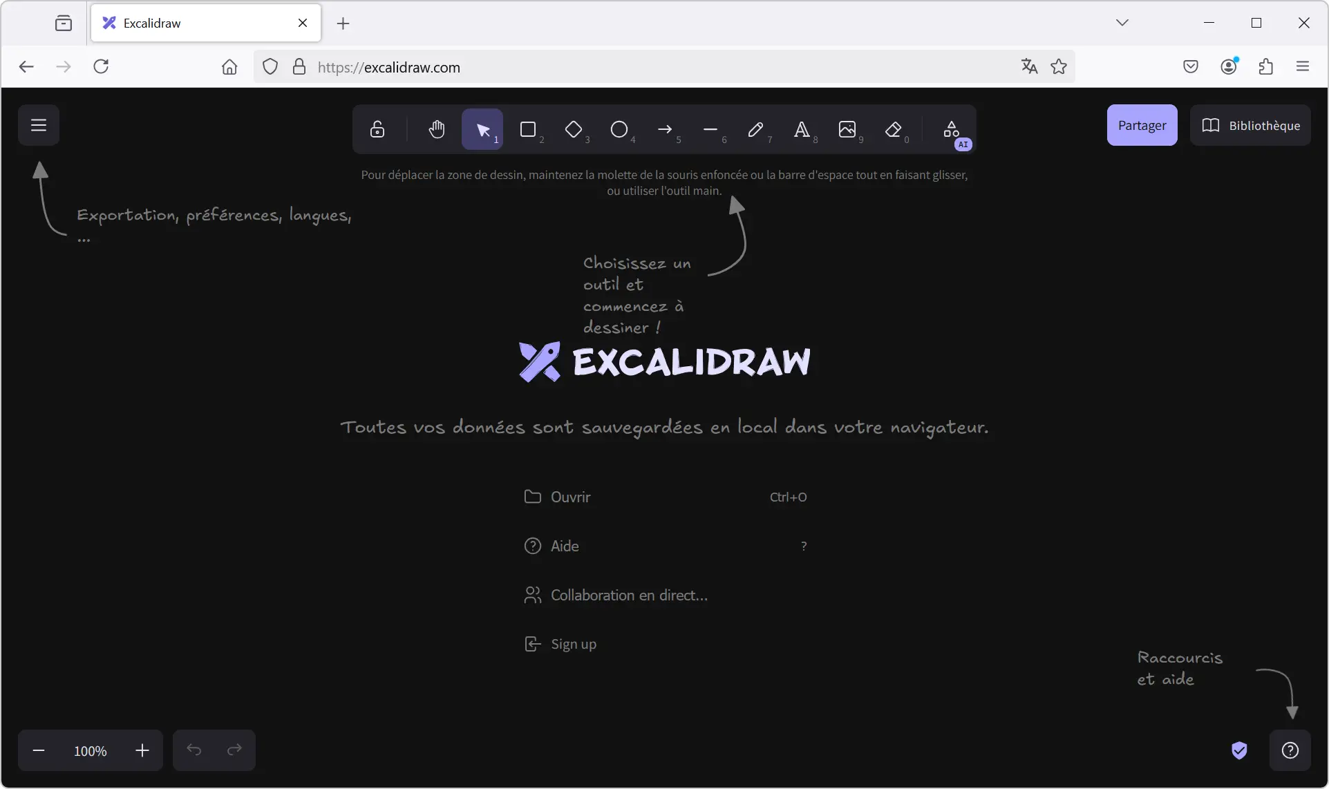 Interface principale d'Excalidraw