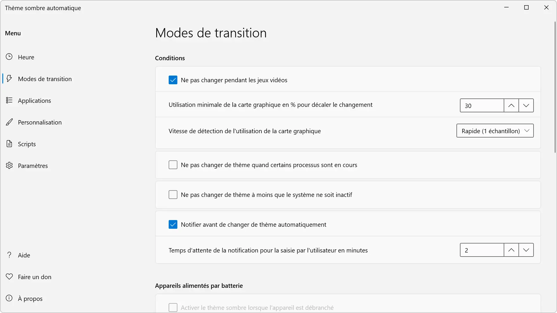 Modes de transition d'Auto Dark Mode