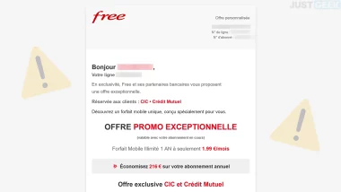 Capture d'écran d'un e-mail de phishing ciblant les clients Free, promettant une réduction sur l'abonnement pour inciter à divulguer des informations personnelles.