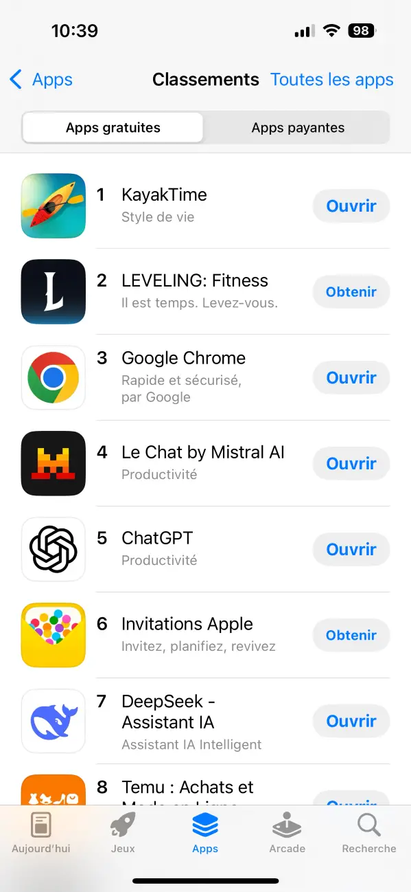 KayakTime, première du classement dans l'App Store