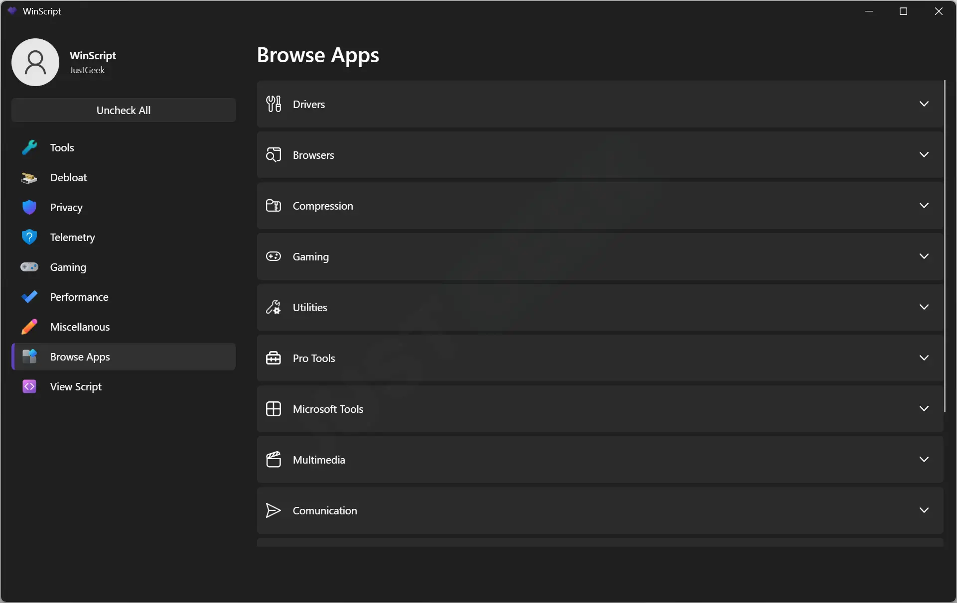 Interface de WinScript - Onglet Browse Apps permettant d’installer rapidement des logiciels via Chocolatey, avec des catégories comme navigateurs, utilitaires et sécurité.