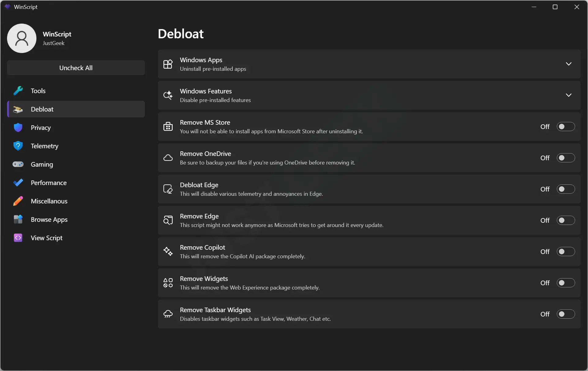 Interface de WinScript - Onglet Debloat affichant les options pour supprimer les applications préinstallées, désactiver Edge, OneDrive, les widgets et Copilot AI.