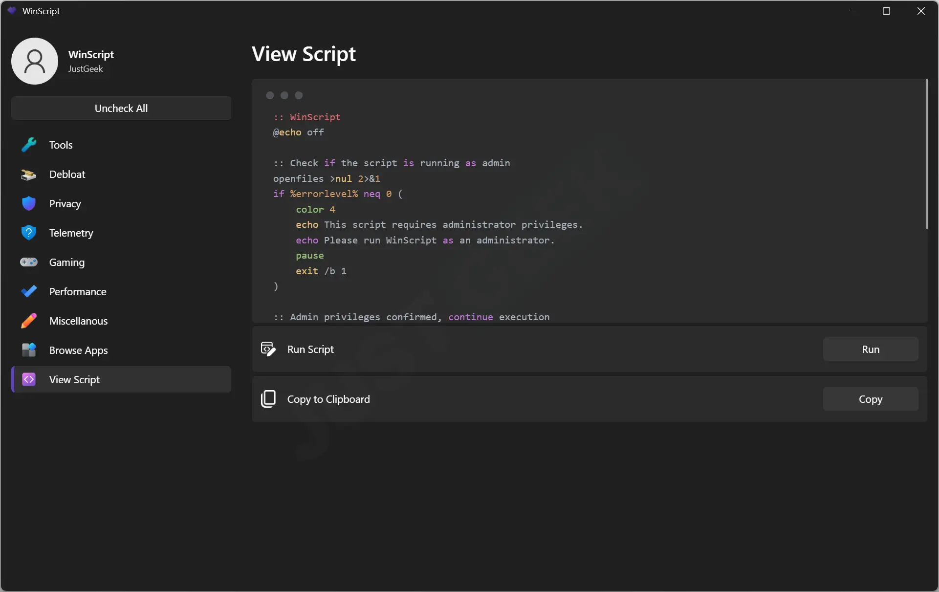 Interface de WinScript - Onglet View Script affichant le script généré avec les paramètres sélectionnés, prêt à être exécuté ou copié pour une utilisation sur d’autres machines.