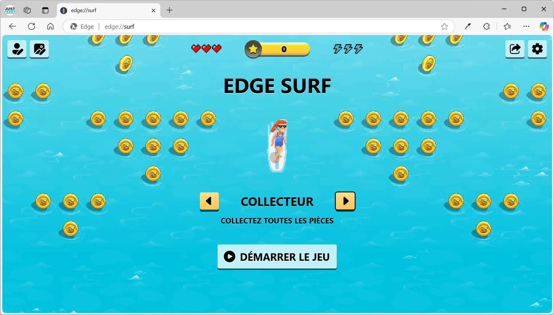 Capture d’écran du mode Collecteur dans Edge Surf, montrant la barre de progression et le score basé sur les pièces collectées.