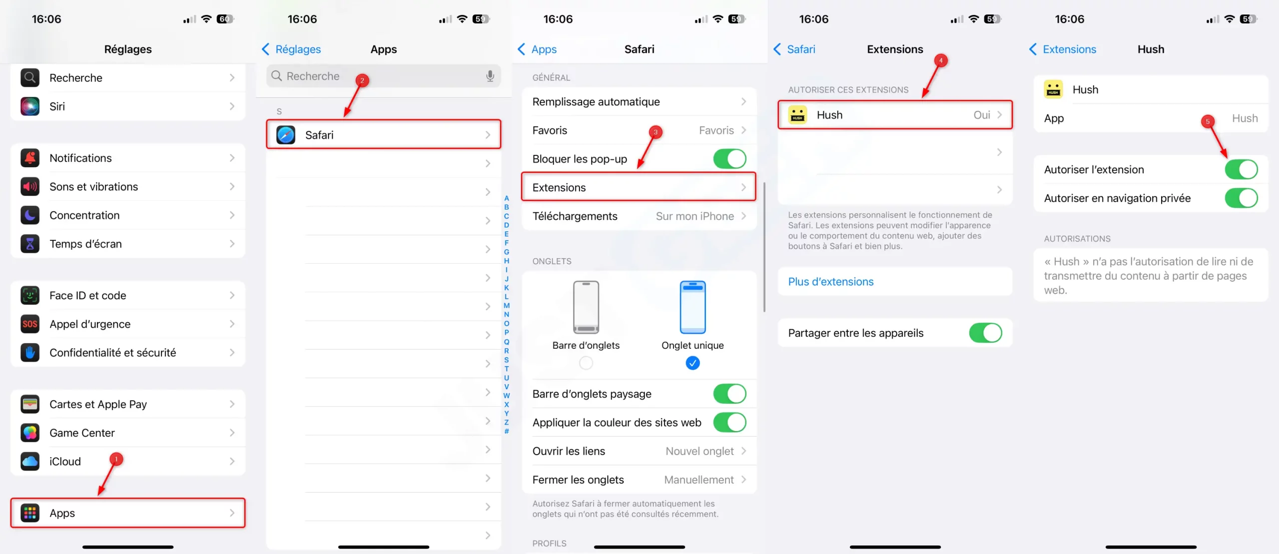 Activer Hush dans Safari sur iPhone