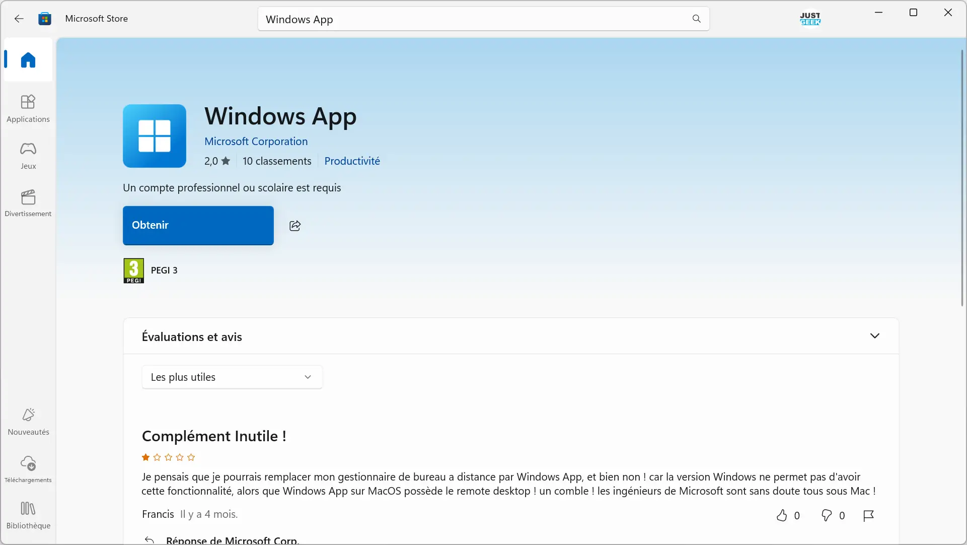 Avis sur l'application Windows App sur le Microsoft Store français