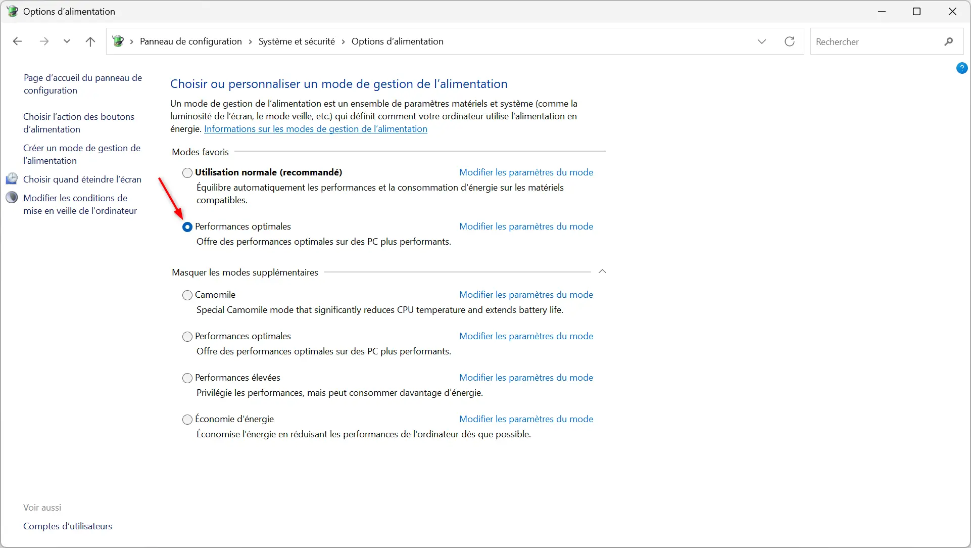 Paramètres de Windows 11 affichant les options de mode d’alimentation